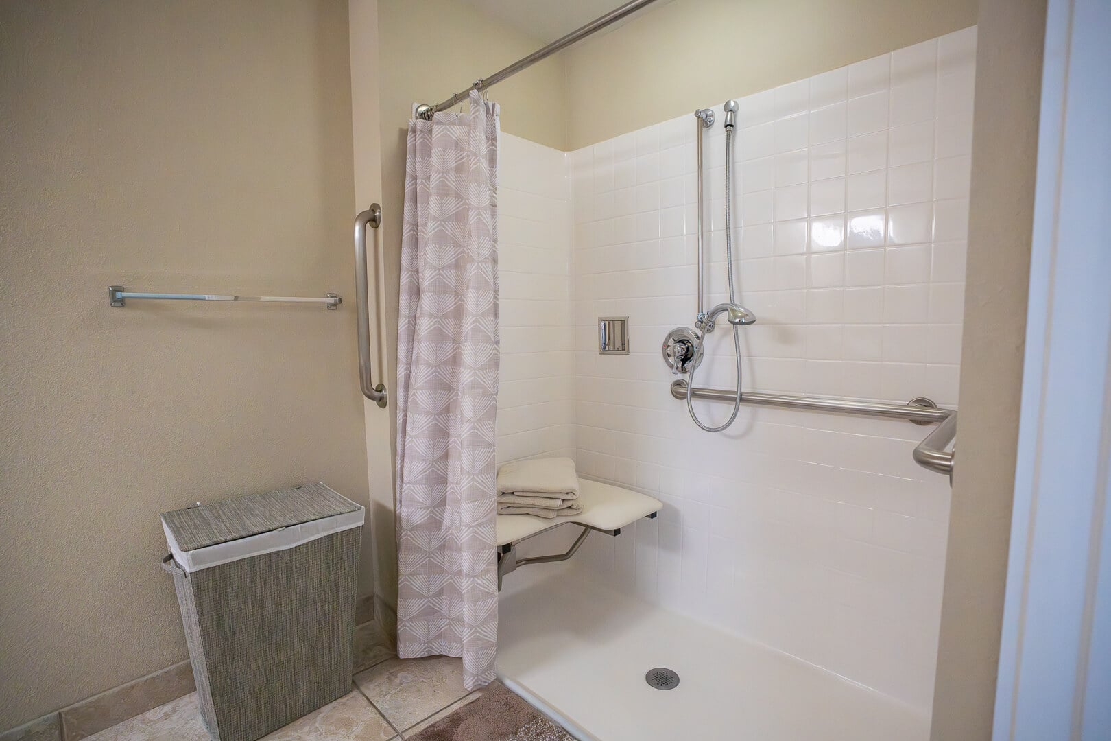 Accessible Roll-In Shower With Safety Features at Memory Care Facility