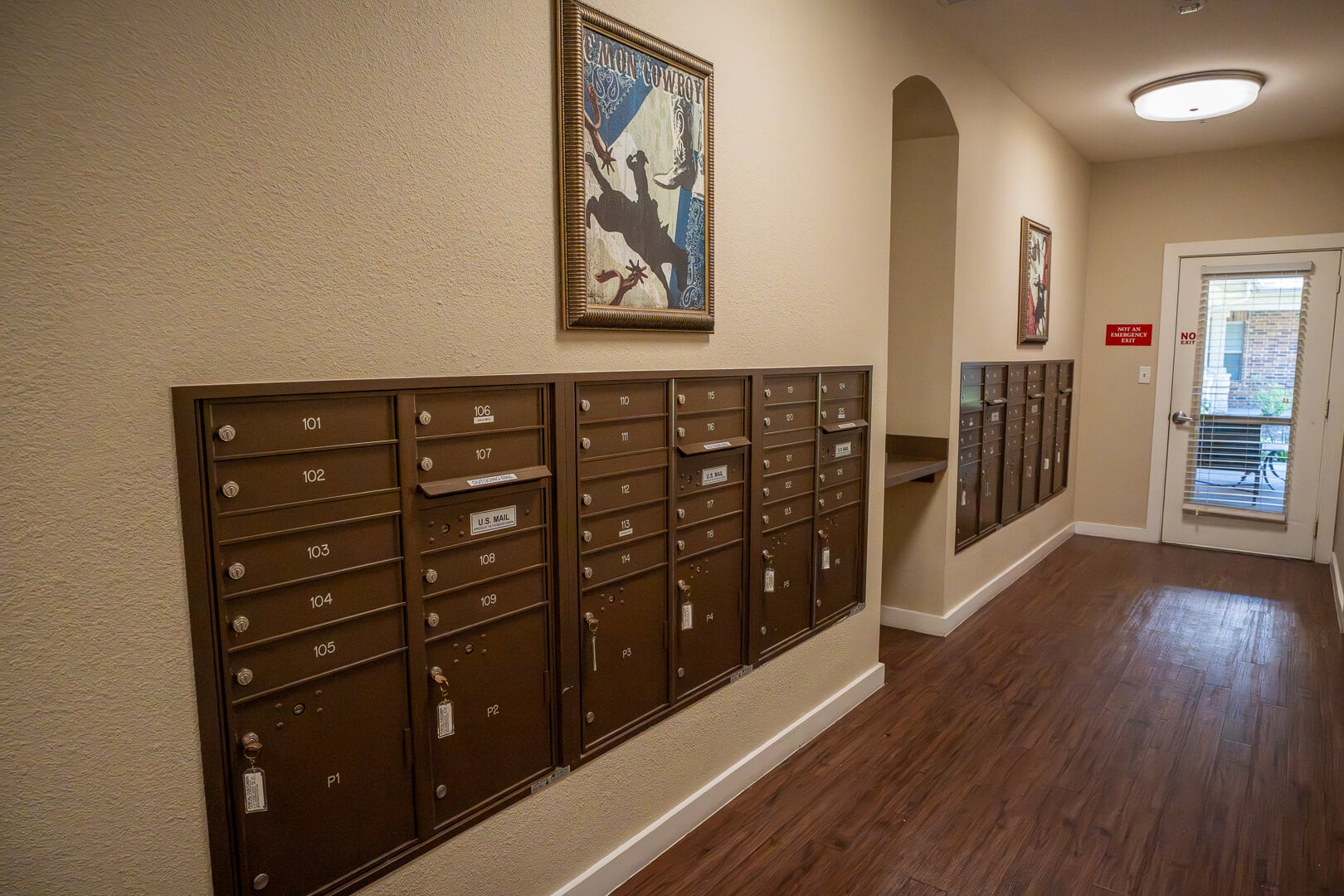 Secure Mail Center Hallway With Numbered Boxes at Assisted Living Facility