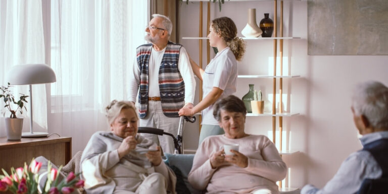 Female Nurse Assisting Elderly Man with a Walker in the Lounge at Memory Care Facility